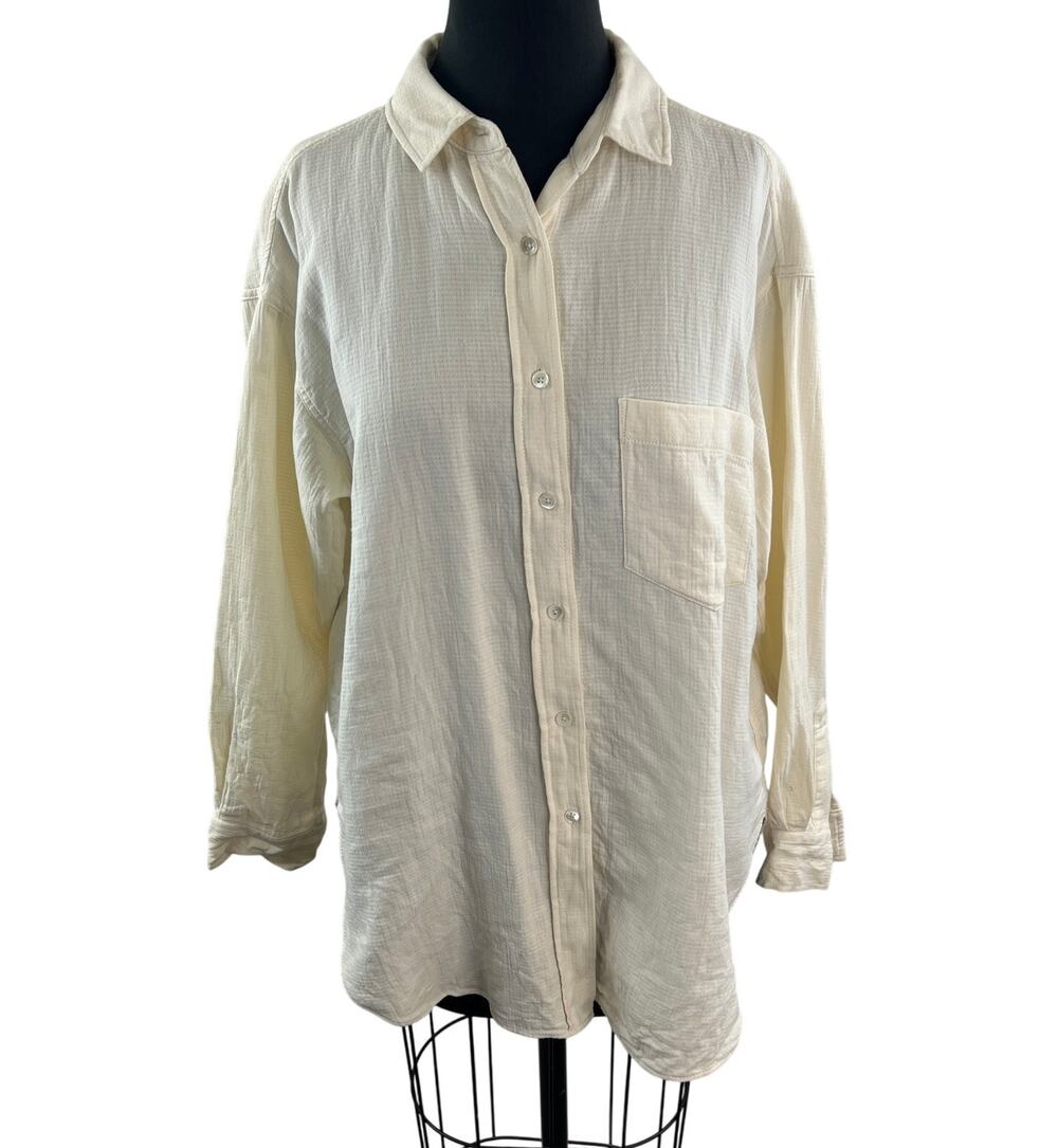 CLOSED Yellow Top Waffle Collared Curved Hem Drop Shoulder Button-Up Size Small